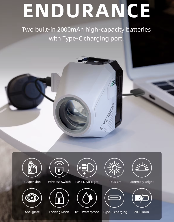 Faro Anteriore Wireless con Cavo Staccabile a Sospensione 1600LM per Sicurezza in Bicicletta - Alta Luminosità, Durevole, Fari Anteriori per Bici