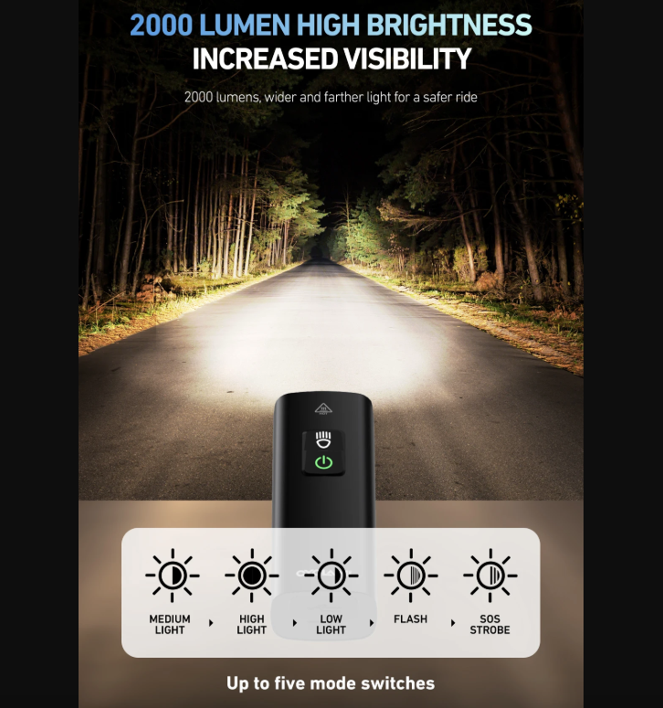 CYCLAMI Faro per Bici BR2000 Luce Anteriore per Bicicletta Tipo-C MTB Faretto Evidenziatore da Strada Manubrio Luci Ciclismo