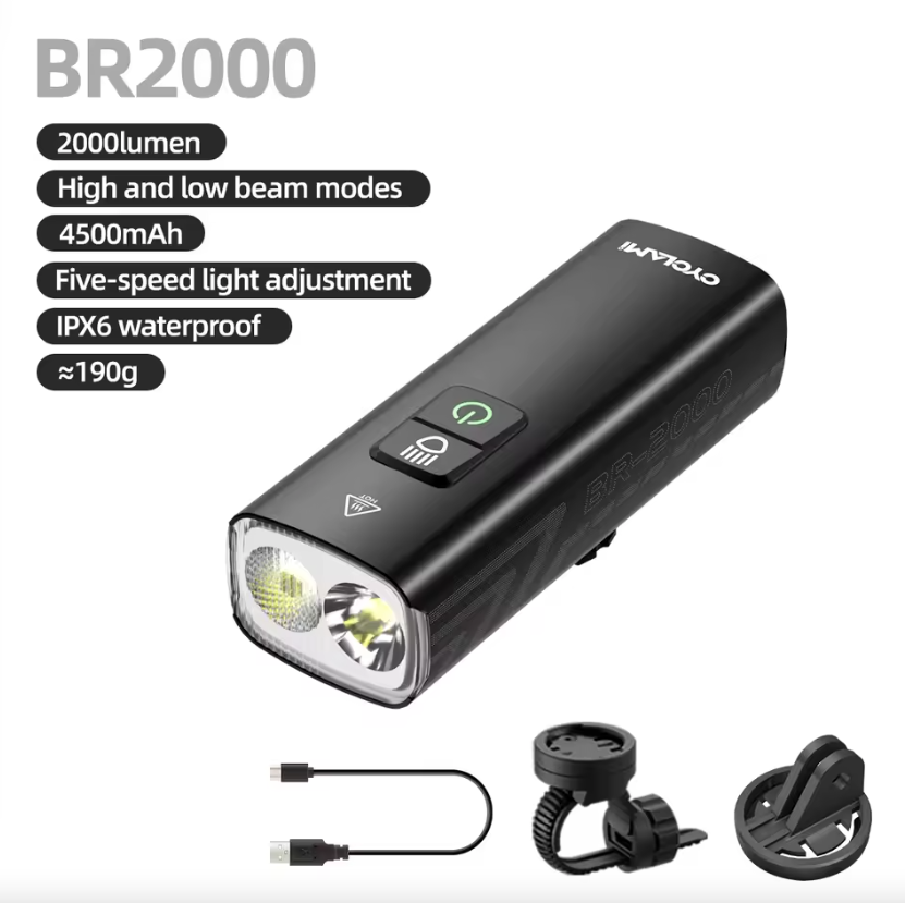 CYCLAMI Faro per Bici BR2000 Luce Anteriore per Bicicletta Tipo-C MTB Faretto Evidenziatore da Strada Manubrio Luci Ciclismo