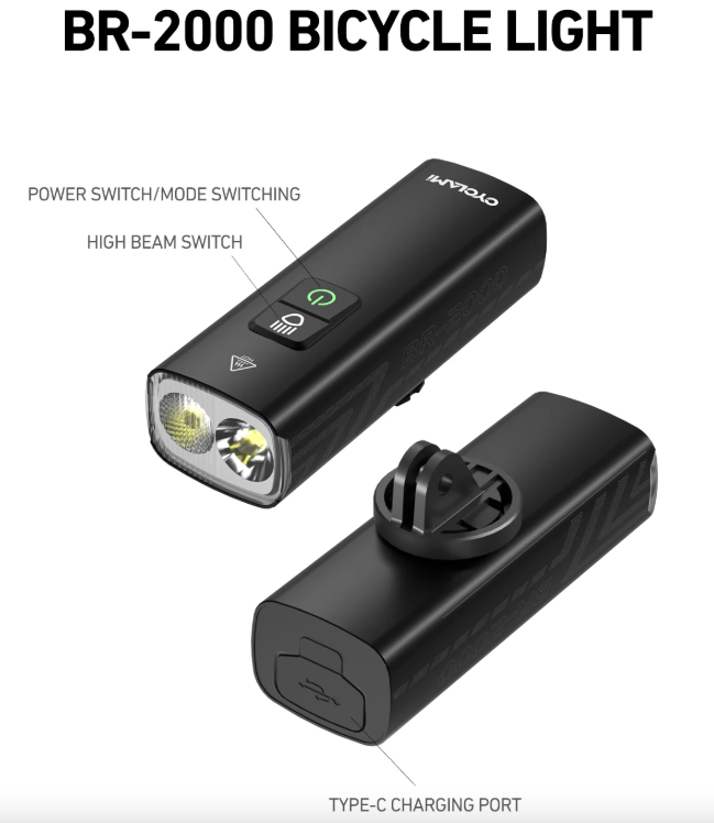 CYCLAMI Faro per Bici BR2000 Luce Anteriore per Bicicletta Tipo-C MTB Faretto Evidenziatore da Strada Manubrio Luci Ciclismo