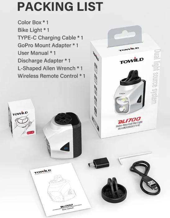 TOWILD DLite 1700 Luce per Bici Ricaricabile USB 1900 Lumen Impermeabile Faro Ciclismo DL1700 Luci per Bicicletta