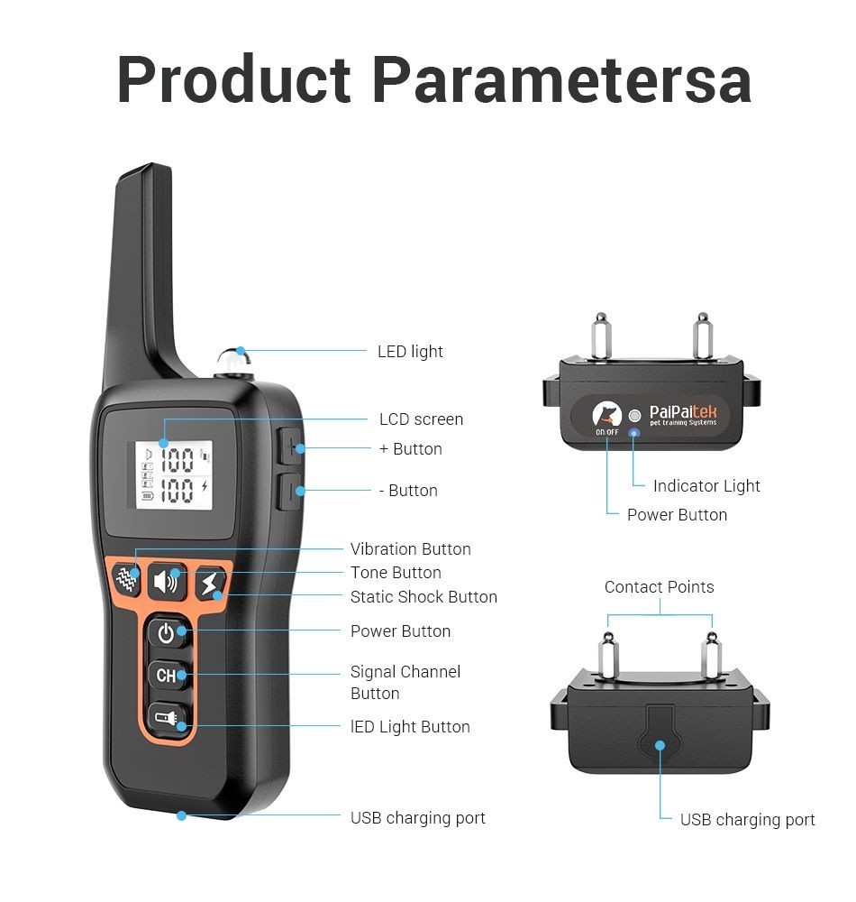 Collare di addestramento per cani PD 529-1-TIO elettrico fino a 1000m modalità regolabili impermeabile ricaricabile accessorio per animali domestici strumento di addestramento sicuro