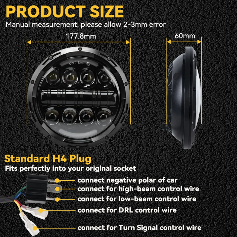 Faro rotondo 7 pollici LED per moto e fuoristrada con fascio DRL segnale svolta 75W Harley Jeep Wrangler lega alluminio impermeabile IP67 accessorio illuminazione durevole
