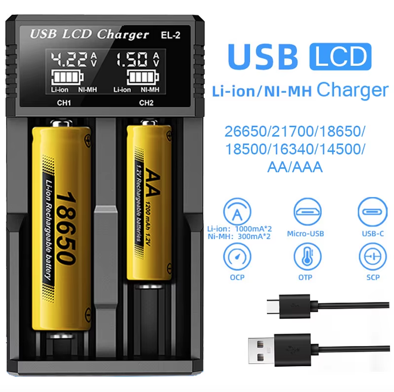 Caricabatterie Intelligente USB LCD per Batterie Ricaricabili 18650 e Ni-MH AA AAA Monitoraggio Ricarica con Display LCD Compatibilità Versatile e Gestione Efficiente delle Batterie