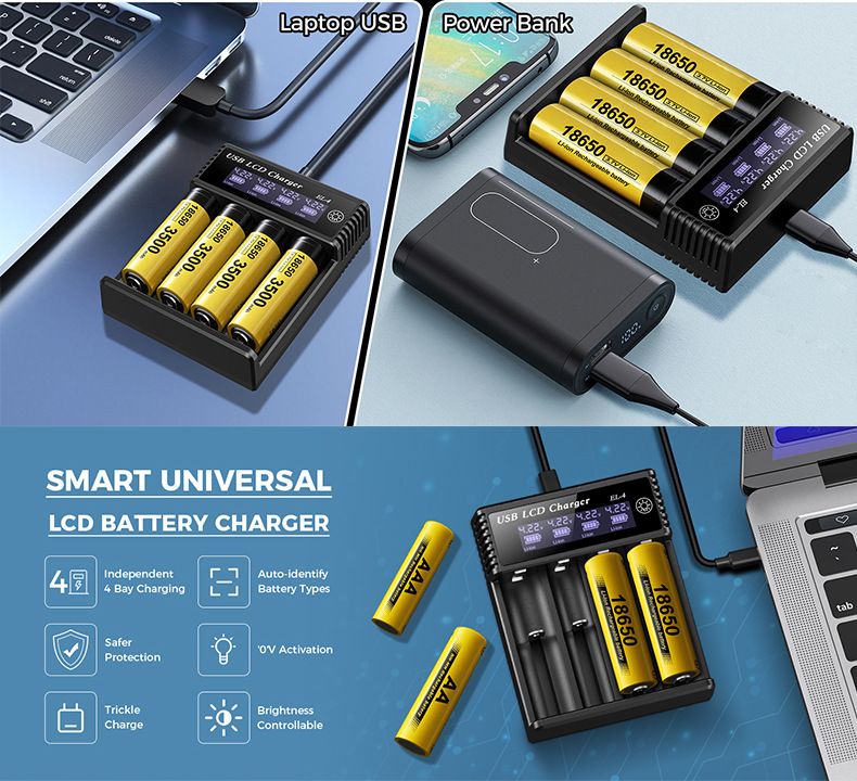 Caricabatterie Intelligente USB LCD per Batterie Ricaricabili 18650 e Ni-MH AA AAA Monitoraggio Ricarica con Display LCD Compatibilità Versatile e Gestione Efficiente delle Batterie