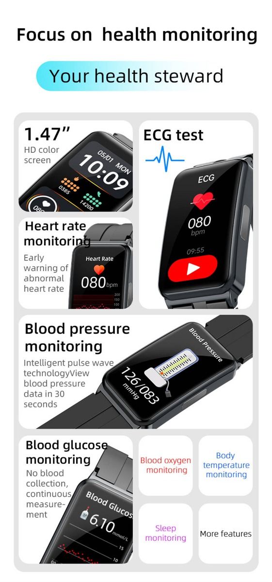 EP01 Smartwatch Bracciale Fitness Tracker: Glucosio, ECG, HRV, Cardio, Temp. 1.47" HD Impermeabile