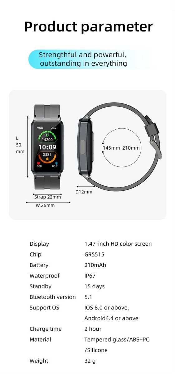 EP01 Smartwatch Bracciale Fitness Tracker: Glucosio, ECG, HRV, Cardio, Temp. 1.47" HD Impermeabile