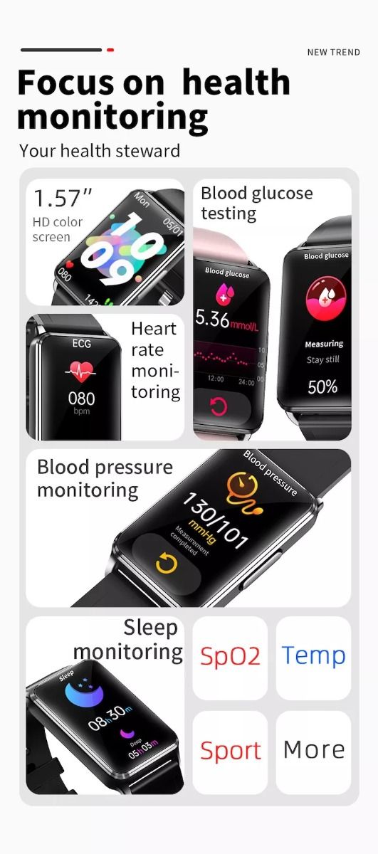 EP02 Smart Watch Glicemia Zucchero ECG HRV, Rilevamento Temperatura Cardio Smart Bracelet Band Fitness Tracker 1.57" HD Impermeabile