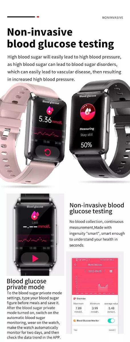 EP02 Smart Watch Glicemia Zucchero ECG HRV, Rilevamento Temperatura Cardio Smart Bracelet Band Fitness Tracker 1.57" HD Impermeabile
