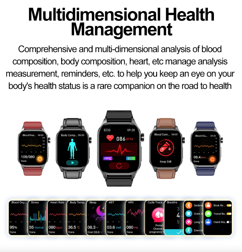 E580 Smartwatch per Glicemia, ECG, Frequenza Cardiaca, Pressione Sanguigna, Impermeabile IP68