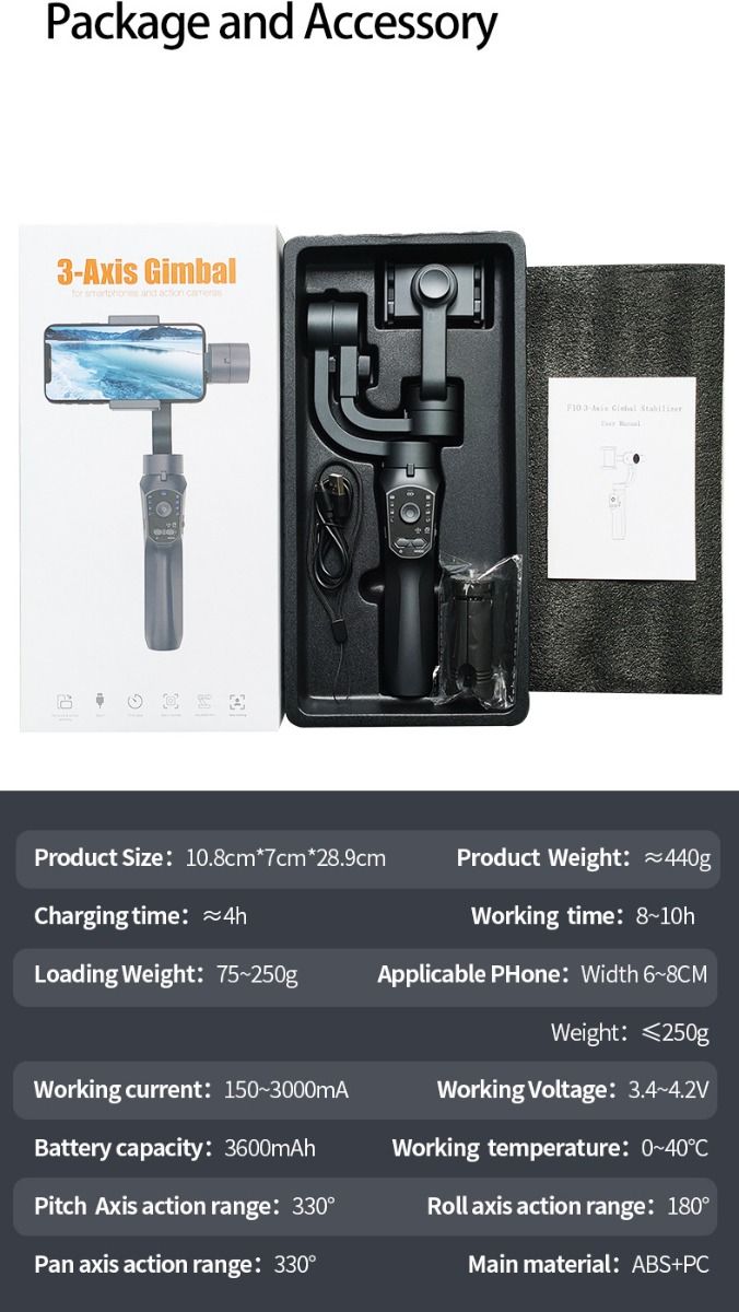 F10 Pro Stabilizzatore 3 Assi per Telefono, Gimbal per Riprese Cinematografiche su Dispositivo Mobile con Compatibilità Smartphone e Riconoscimento Facciale