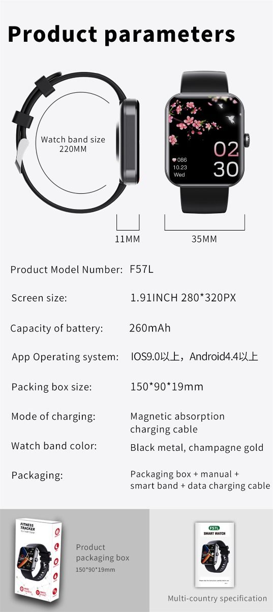 F57L Smartwatch Glicemia Pressione Sanguigna Frequenza Cardiaca Monitoraggio della Temperatura Monitoraggio Sportivo 1.91 Pollici Sn