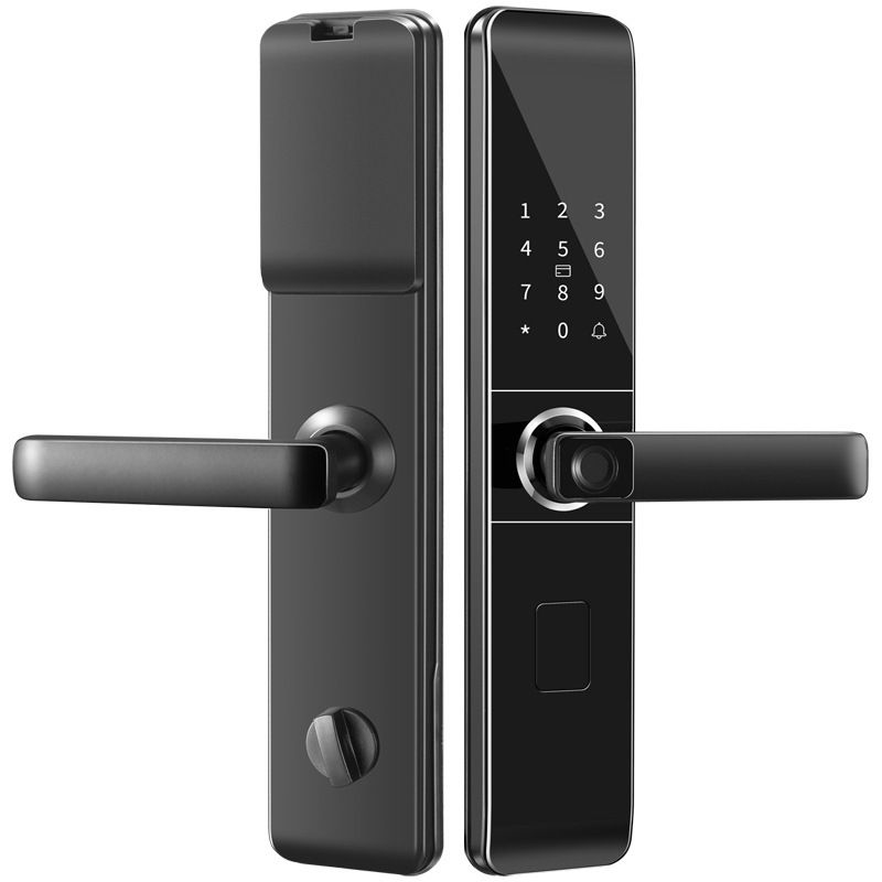 Serratura elettronica intelligente per porta con impronta digitale biometrica, ingresso senza chiave, design elegante, sicurezza domestica adatta alle famiglie.
