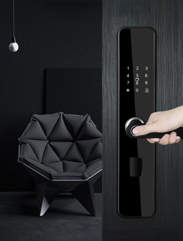 Serratura elettronica intelligente per porta con impronta digitale biometrica, ingresso senza chiave, design elegante, sicurezza domestica adatta alle famiglie.