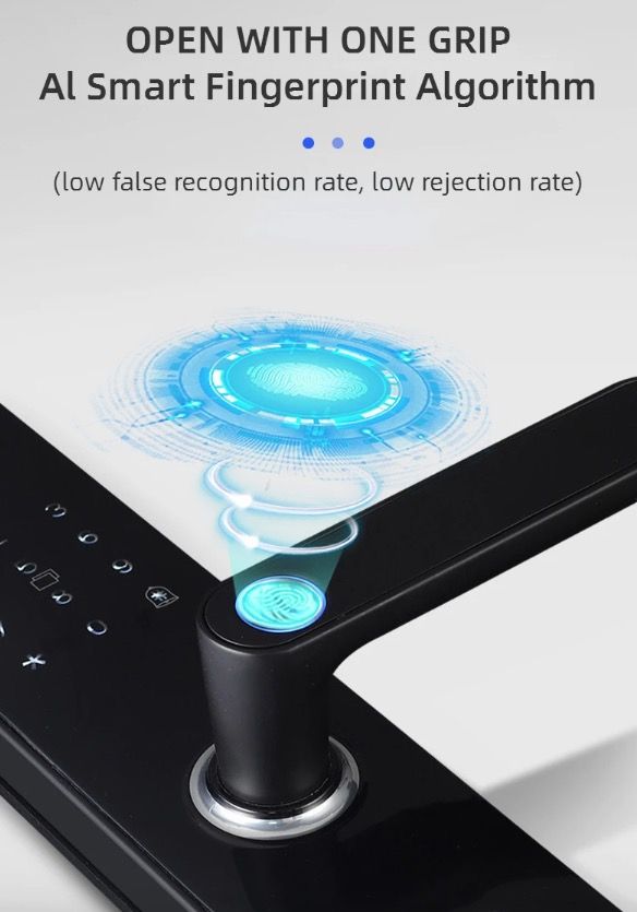 Serratura elettronica intelligente per porta con impronta digitale biometrica, ingresso senza chiave, design elegante, sicurezza domestica adatta alle famiglie.