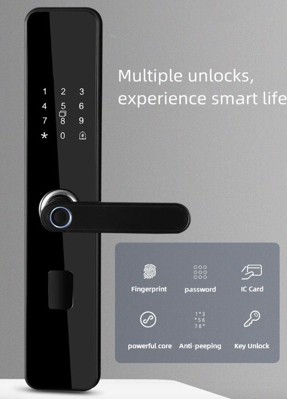 Serratura elettronica intelligente per porta con impronta digitale biometrica, ingresso senza chiave, design elegante, sicurezza domestica adatta alle famiglie.