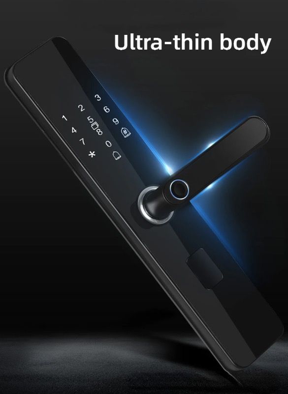 Serratura elettronica intelligente per porta con impronta digitale biometrica, ingresso senza chiave, design elegante, sicurezza domestica adatta alle famiglie.