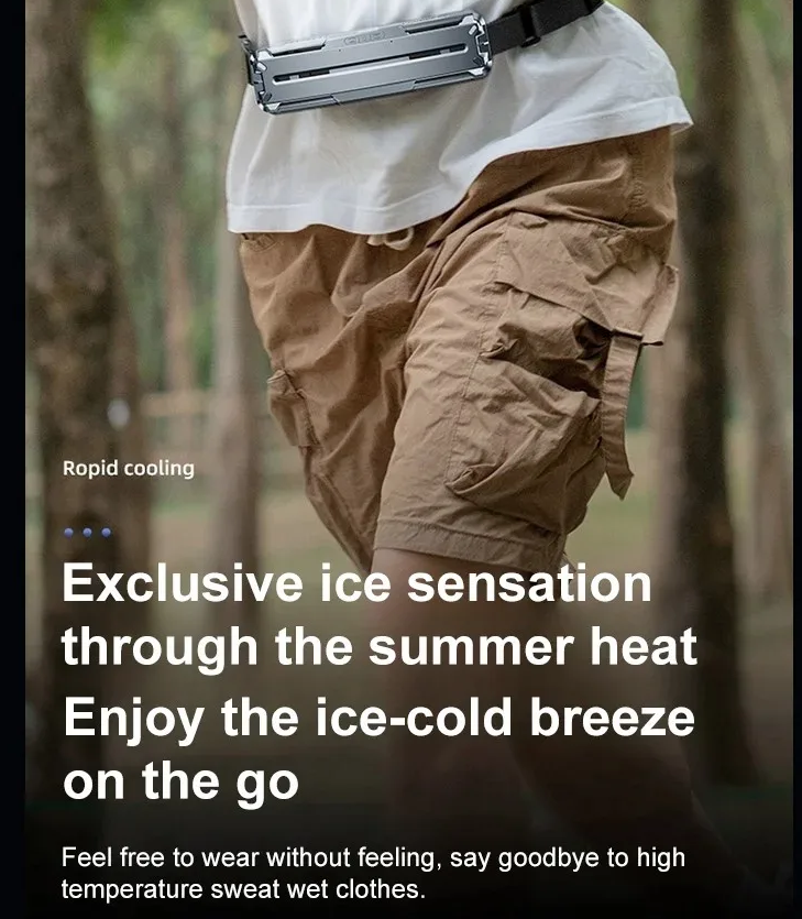 Ventilatore a cintura da vita Ice, dispositivo di raffreddamento portatile leggero per uso esterno, lavoro, ufficio, viaggi e campeggio.