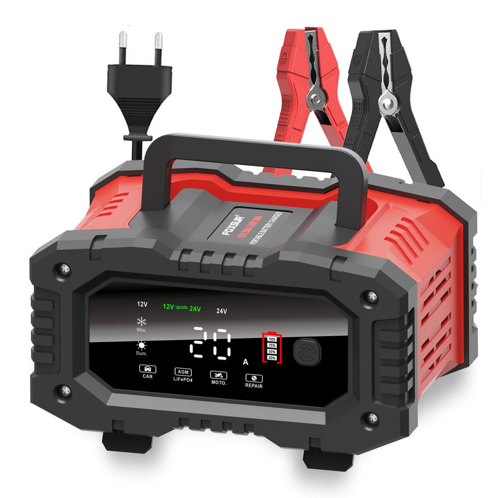 FOXSUR 20A Caricabatterie Portatile per Auto 12V 24V per Moto Camion AGM LiFePO4 Batteria al Piombo Acido Manutenzione