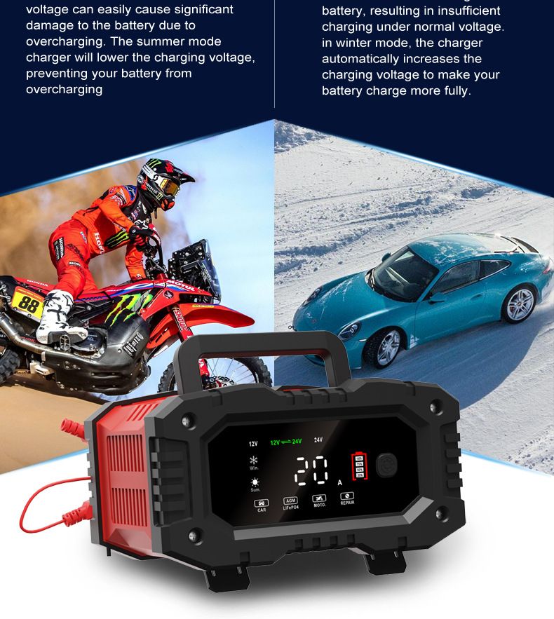 FOXSUR 20A Caricabatterie Portatile per Auto 12V 24V per Moto Camion AGM LiFePO4 Batteria al Piombo Acido Manutenzione