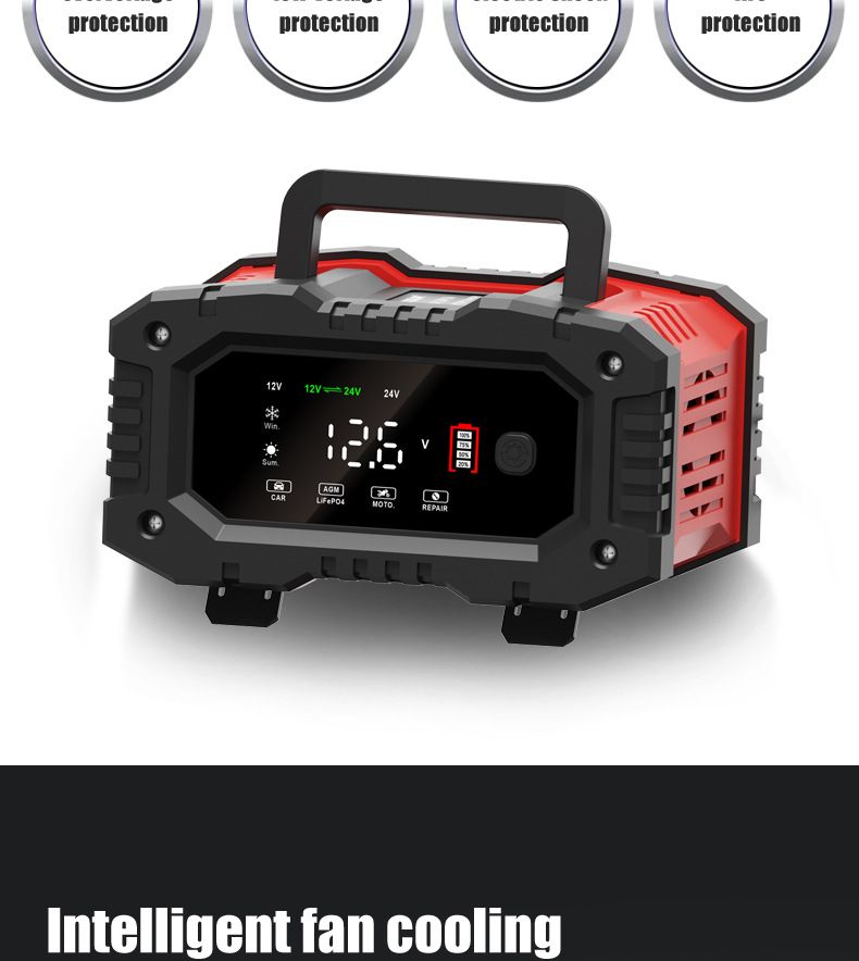 FOXSUR 20A Caricabatterie Portatile per Auto 12V 24V per Moto Camion AGM LiFePO4 Batteria al Piombo Acido Manutenzione