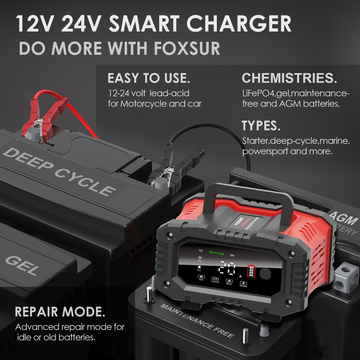 FOXSUR 20A Caricabatterie Portatile per Auto 12V 24V per Moto Camion AGM LiFePO4 Batteria al Piombo Acido Manutenzione