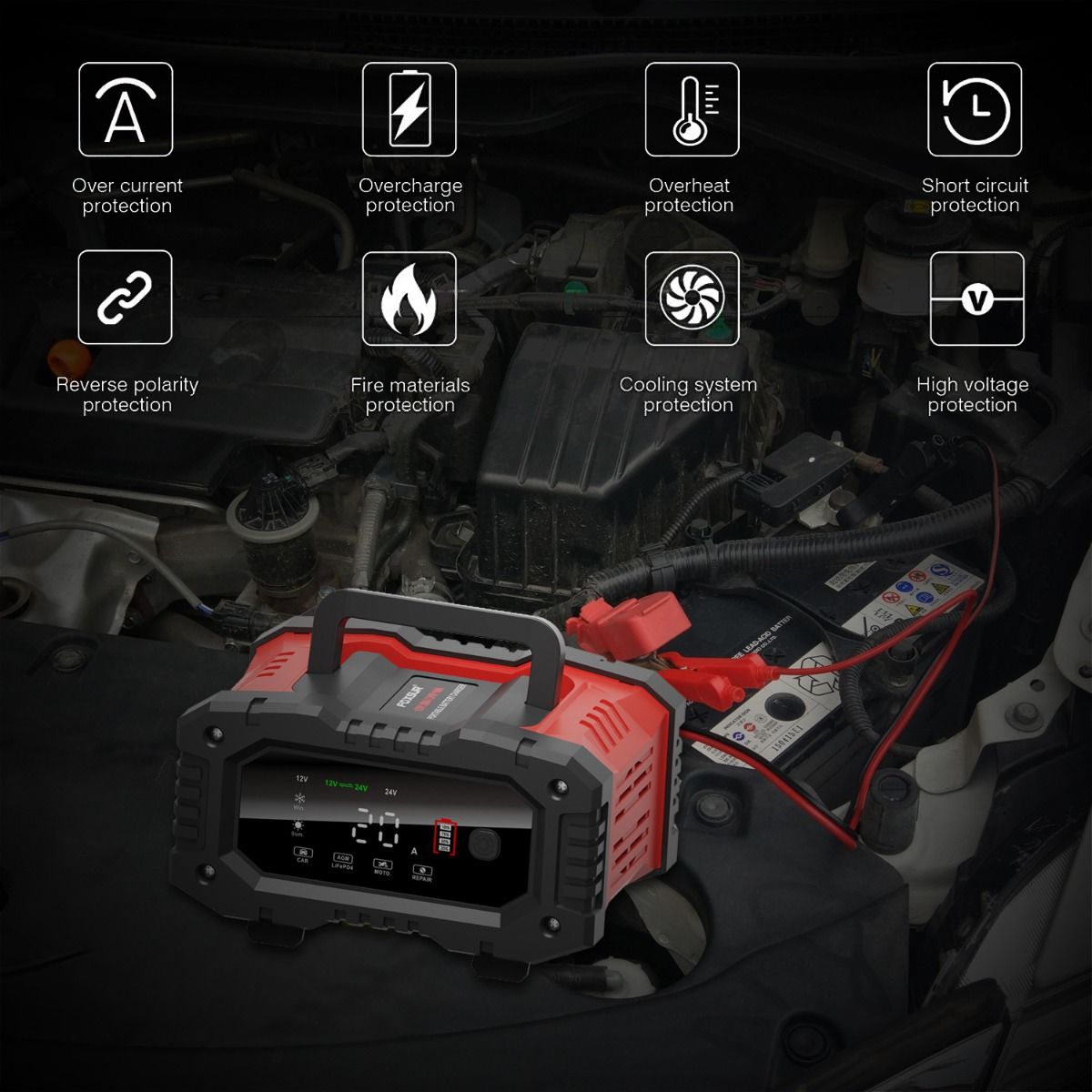 FOXSUR 20A Caricabatterie Portatile per Auto 12V 24V per Moto Camion AGM LiFePO4 Batteria al Piombo Acido Manutenzione