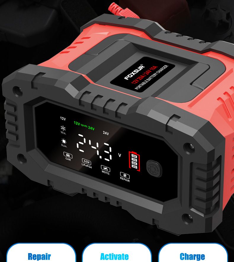 FOXSUR 20A Caricabatterie Portatile per Auto 12V 24V per Moto Camion AGM LiFePO4 Batteria al Piombo Acido Manutenzione