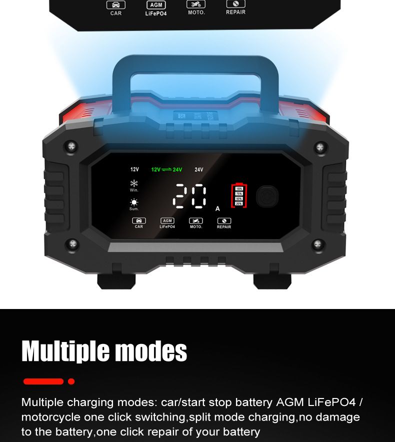 FOXSUR 20A Caricabatterie Portatile per Auto 12V 24V per Moto Camion AGM LiFePO4 Batteria al Piombo Acido Manutenzione