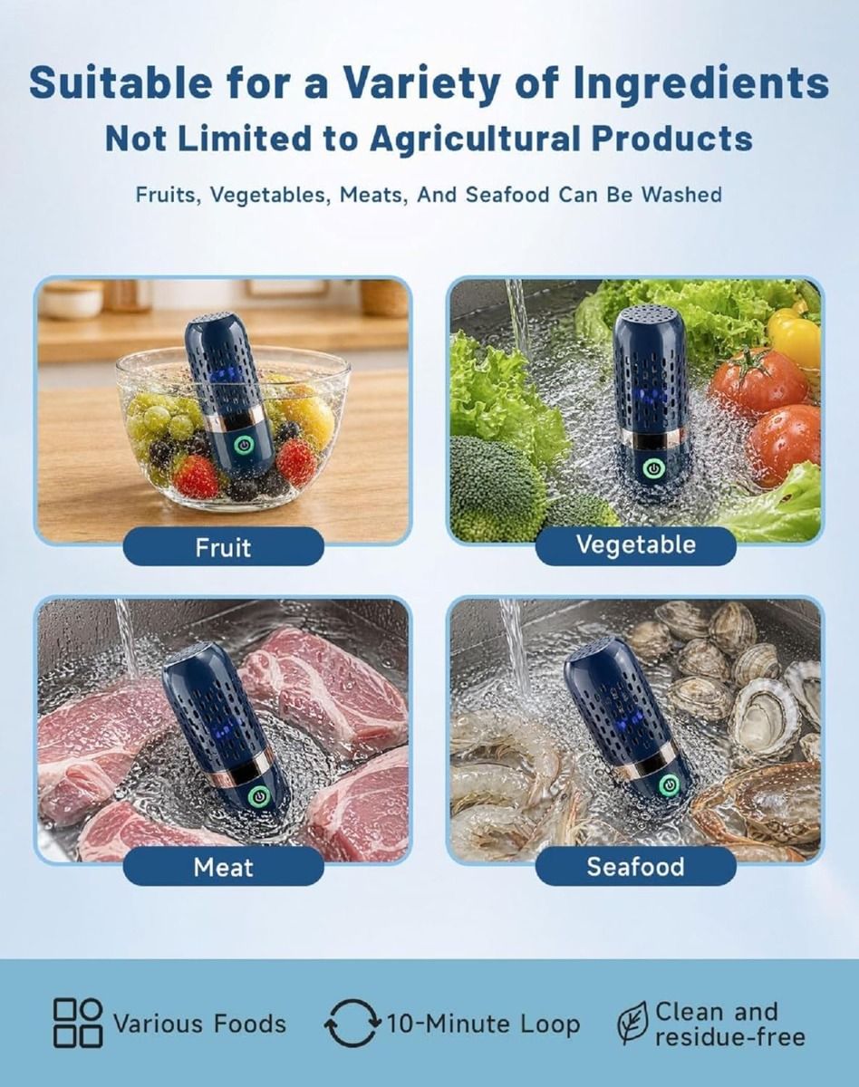 Wireless Rechargeable Food Washer for Produce, Grains, Meat, Seafood - OH-Ion, IPX7 Waterproof