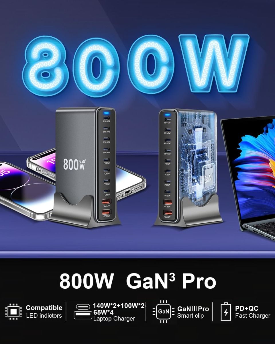 Caricatore USB C 800W GaN III Pro 10 Porte PD PPS 140W per MacBook Pro iPhone Ricarica Veloce