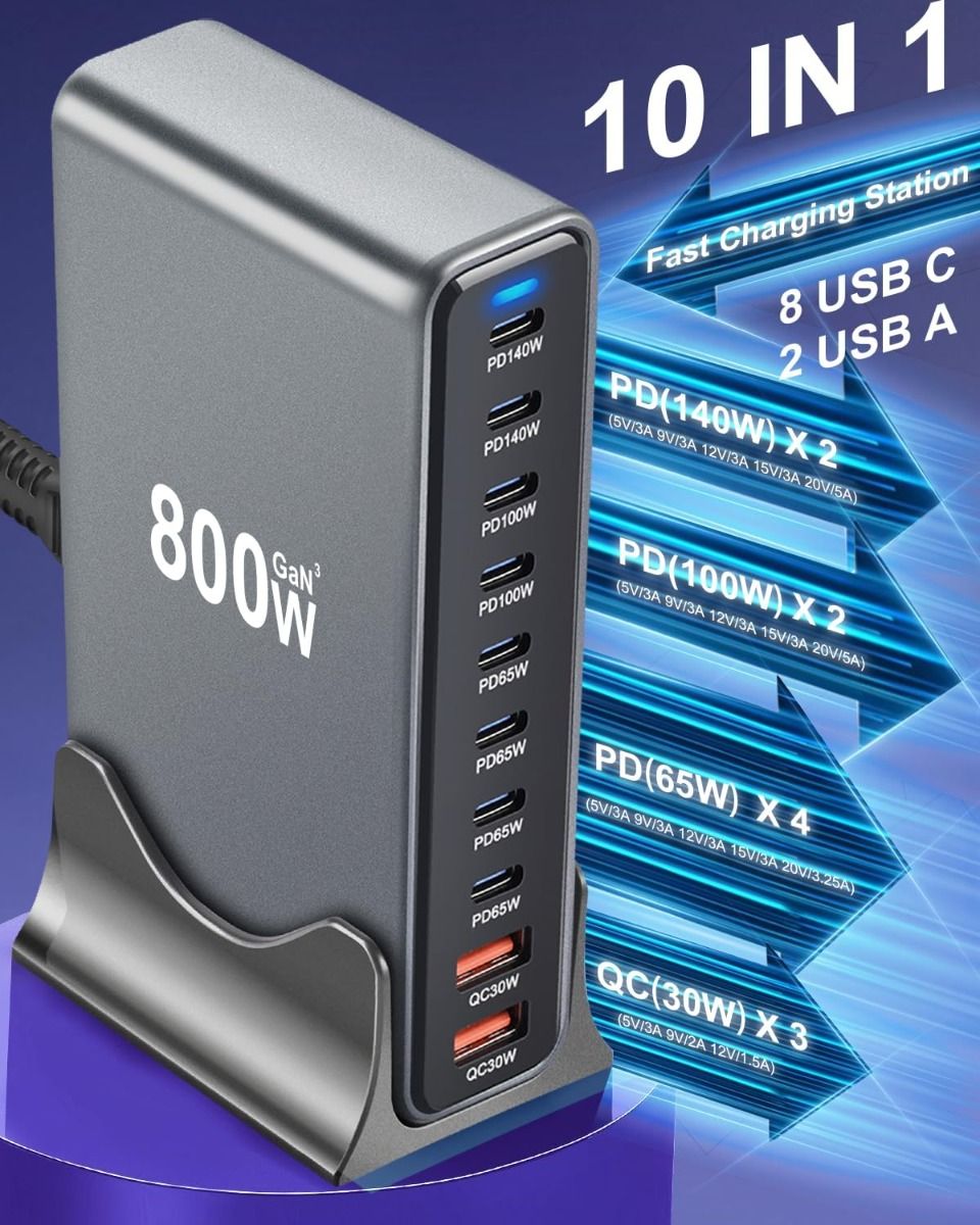 Caricatore USB C 800W GaN III Pro 10 Porte PD PPS 140W per MacBook Pro iPhone Ricarica Veloce