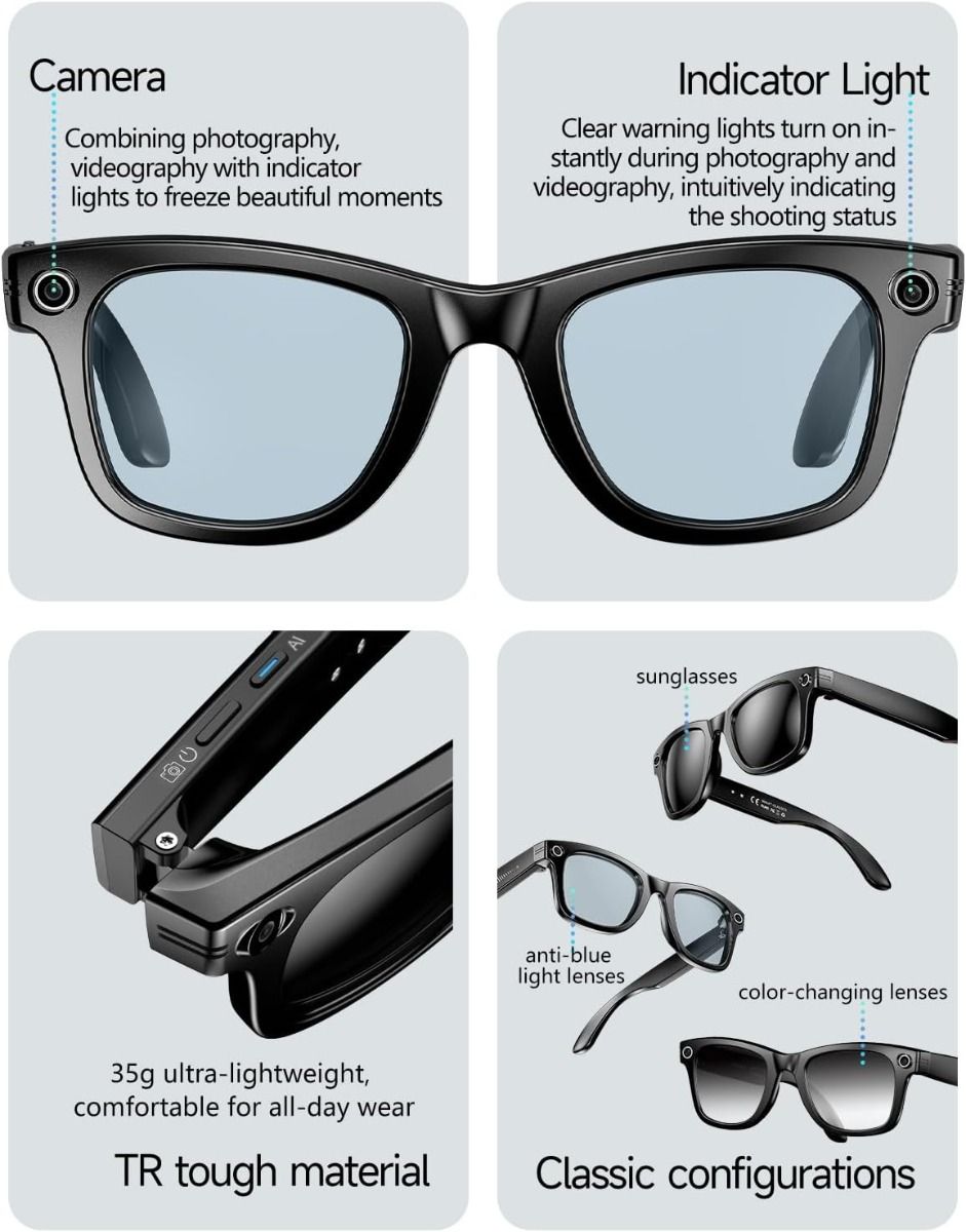 Occhiali Smart AI: Traduzione, Chiamate, Musica, Fotocamera HD, Protezione UV, Anti-Luce Blu. Visione del Futuro!