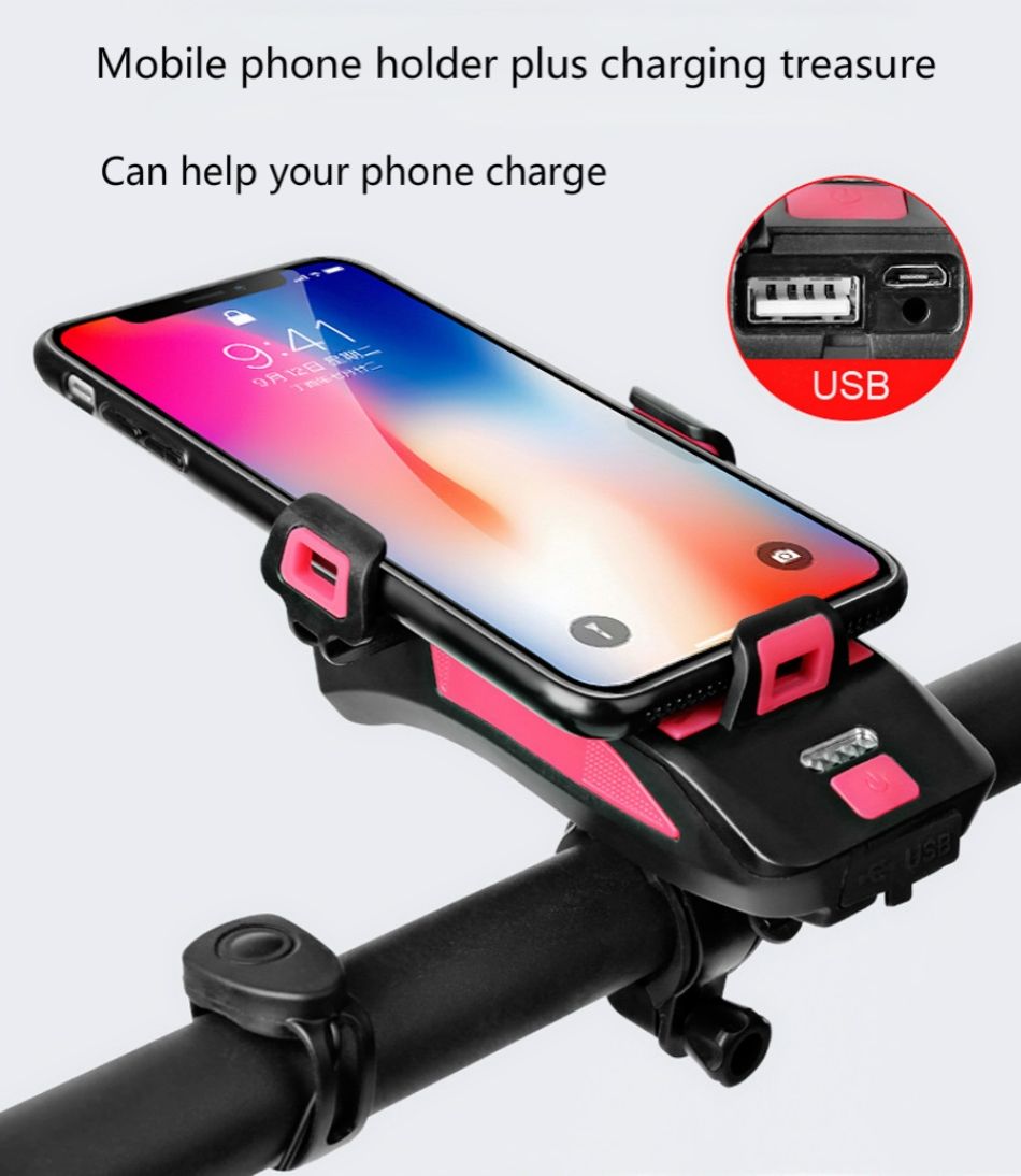 Luce per Bicicletta Multifunzione 4 in 1 lumen clacson potente supporto per telefono Sicurezza e Visibilità in Ciclismo Urbano e Avventure Notturne Accessori da Ciclismo