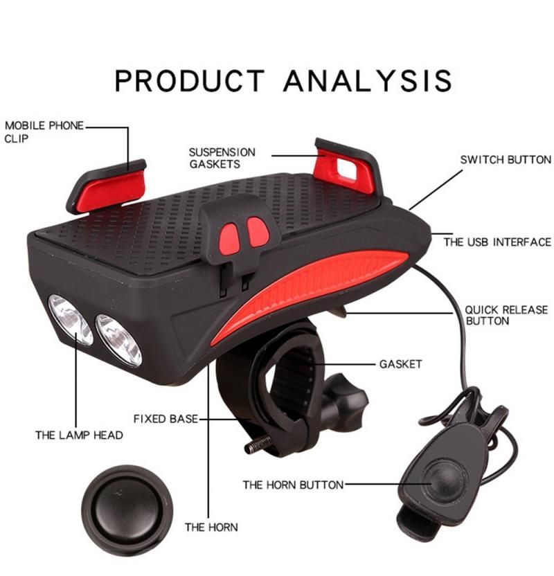 Luce MTB Multifunzione 4 in 1, Faro LED per Bici Ricaricabile USB con Clacson e Supporto Telefono, Accessorio Ciclismo