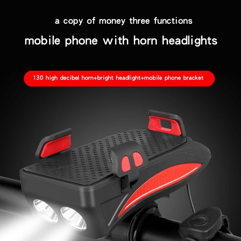 Luce MTB Multifunzione 4 in 1, Faro LED per Bici Ricaricabile USB con Clacson e Supporto Telefono, Accessorio Ciclismo