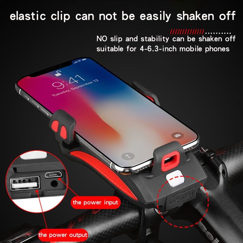 Luce MTB Multifunzione 4 in 1, Faro LED per Bici Ricaricabile USB con Clacson e Supporto Telefono, Accessorio Ciclismo