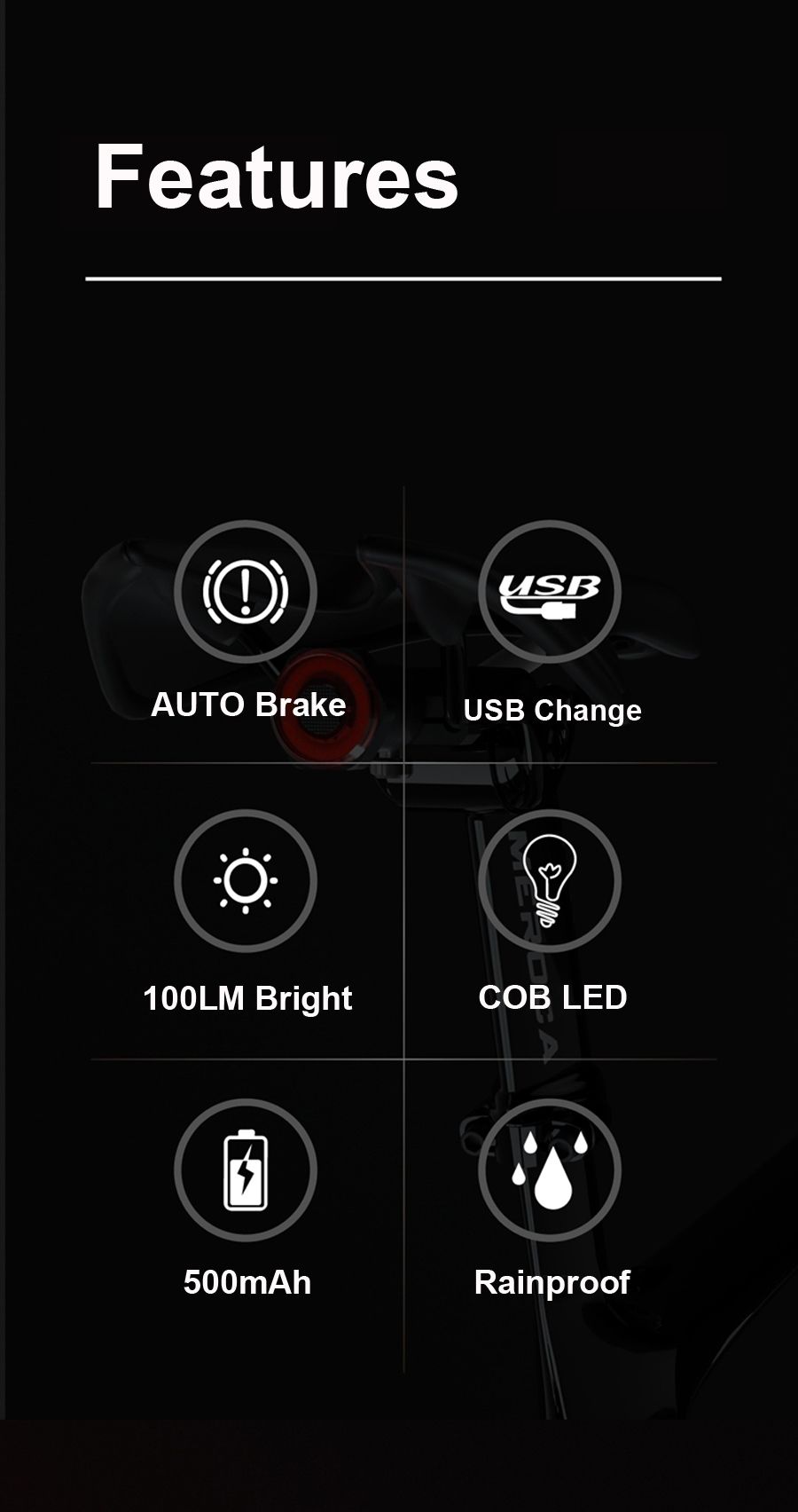 Luce posteriore intelligente per bicicletta con luce freno ad avvio e arresto automatici, ricarica USB, impermeabile IPX6, luce di sicurezza per ciclismo