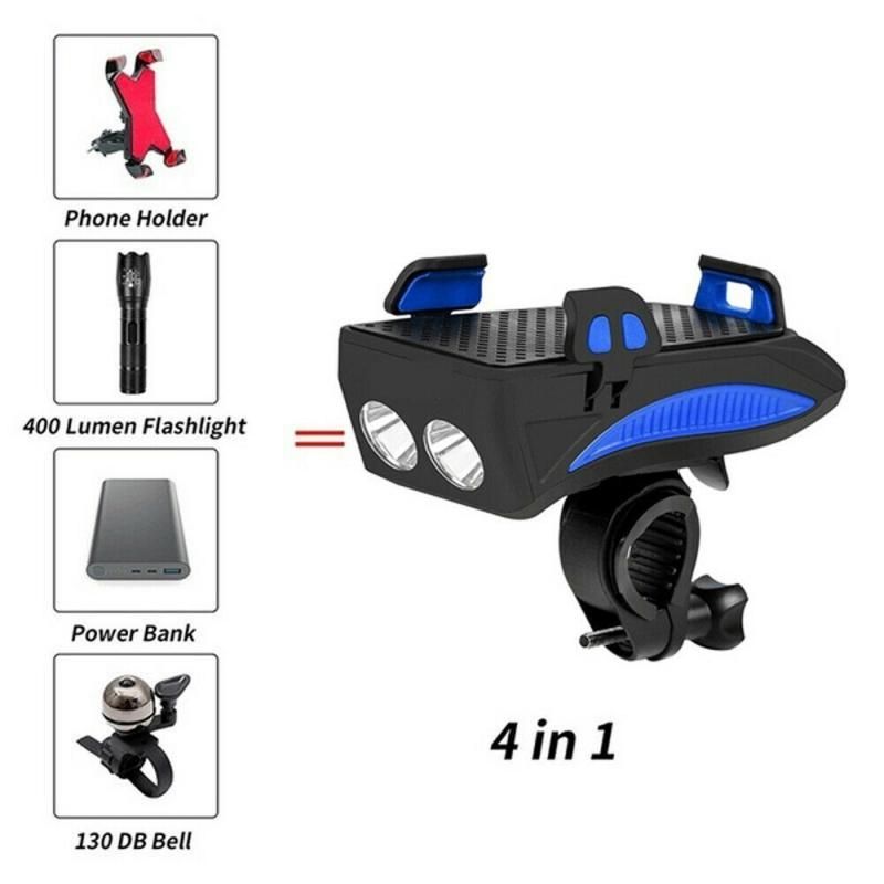 Luce MTB Multifunzione 4 in 1, Faro LED per Bici Ricaricabile USB con Clacson e Supporto Telefono, Accessorio Ciclismo
