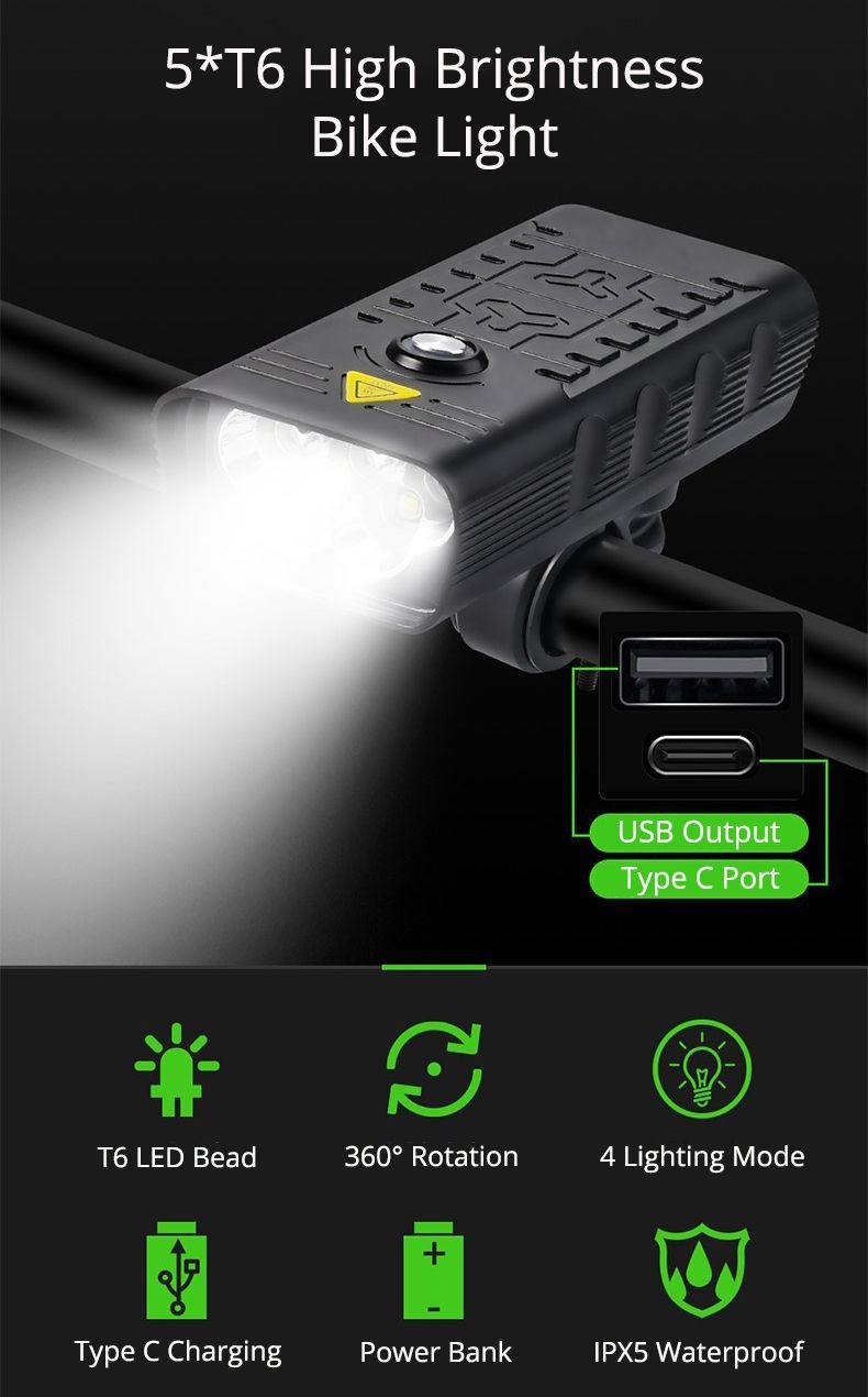 Luci anteriori per bicicletta TK5 5000 lumen, ricaricabili via USB, impermeabili, super luminose, con modalità multiple per ciclismo.