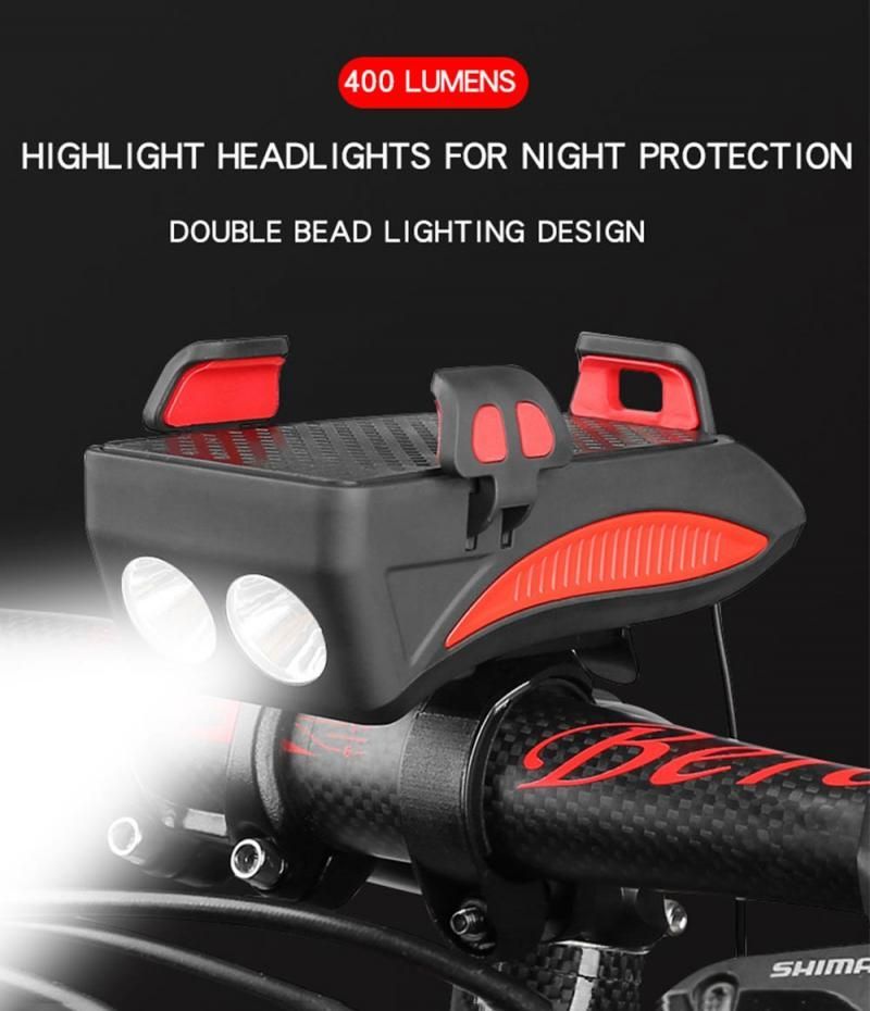 Luce MTB Multifunzione 4 in 1, Faro LED per Bici Ricaricabile USB con Clacson e Supporto Telefono, Accessorio Ciclismo