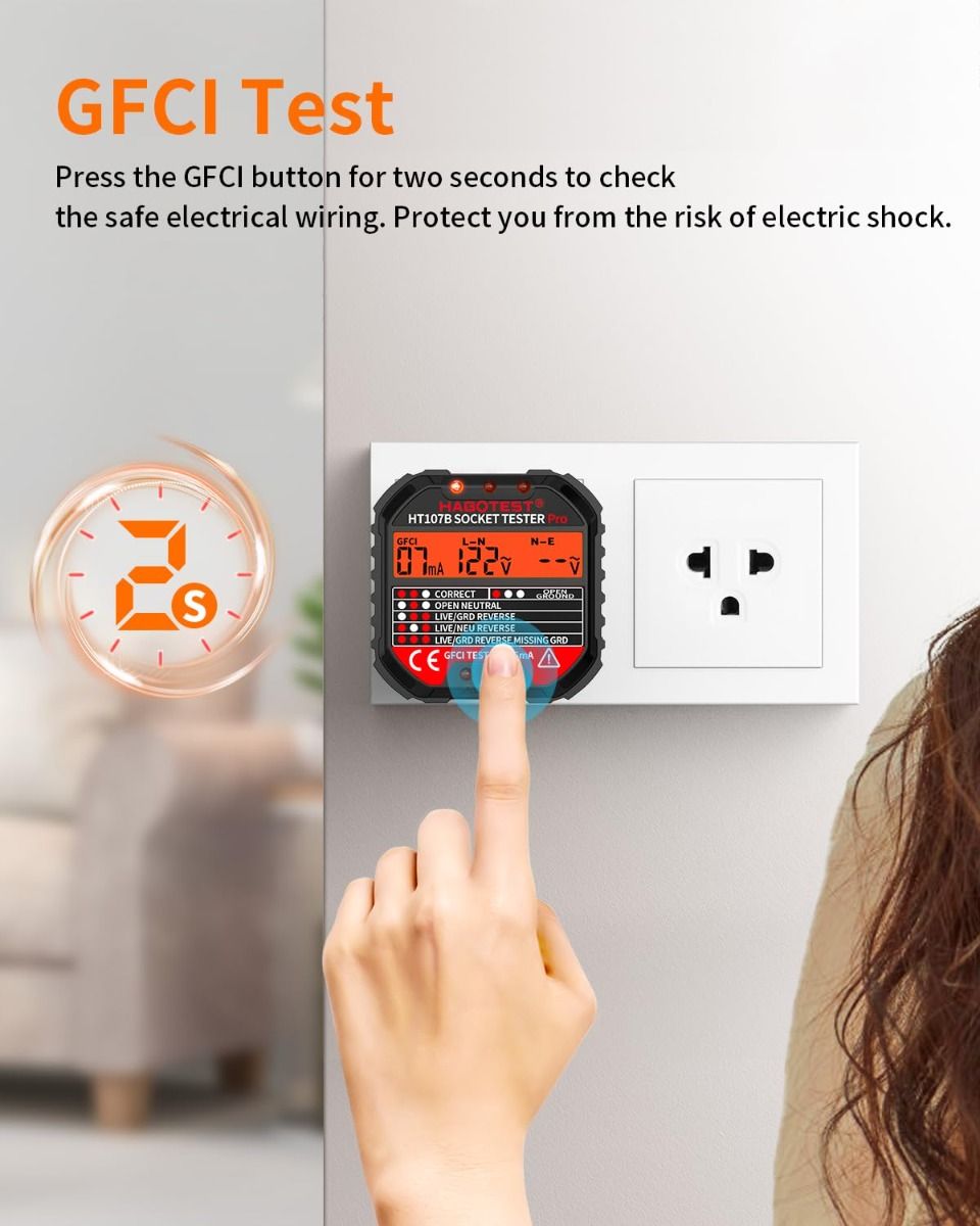 GFCI Receptacle Tester with LCD Display, 90-250V, 6 Visual Indications, CAT II 300V
