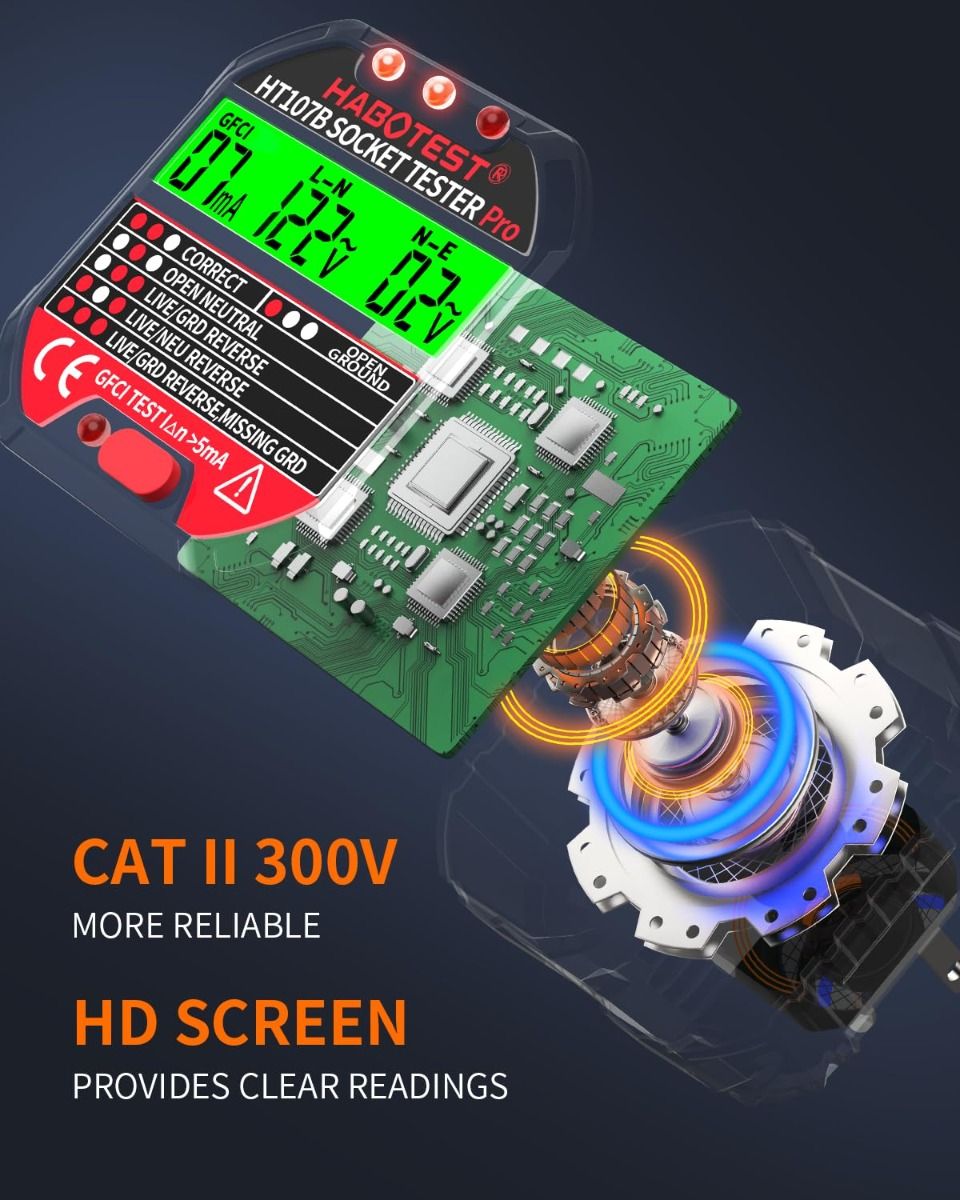 GFCI Receptacle Tester with LCD Display, 90-250V, 6 Visual Indications, CAT II 300V