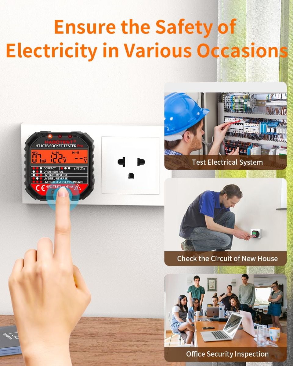 GFCI Receptacle Tester with LCD Display, 90-250V, 6 Visual Indications, CAT II 300V