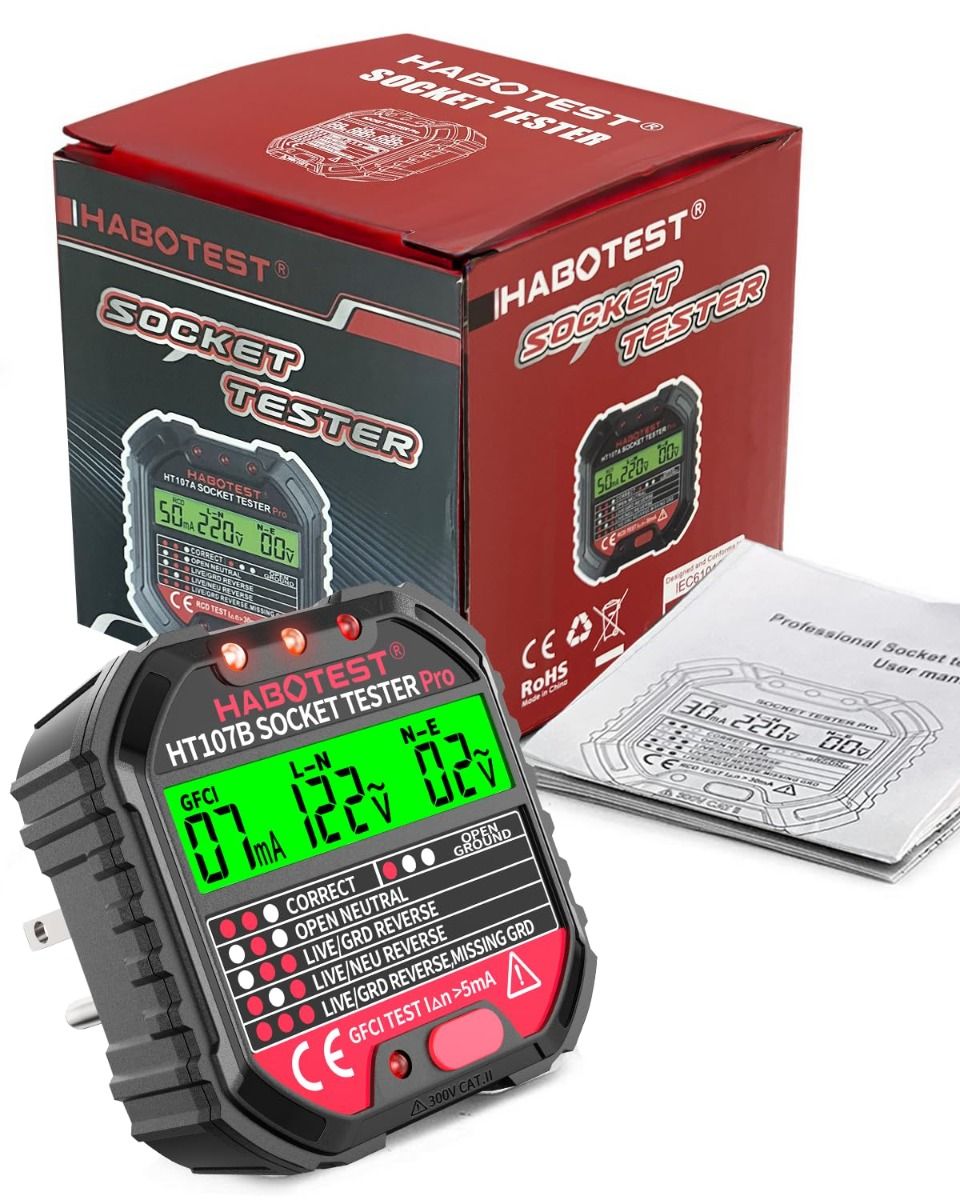 GFCI Receptacle Tester with LCD Display, 90-250V, 6 Visual Indications, CAT II 300V