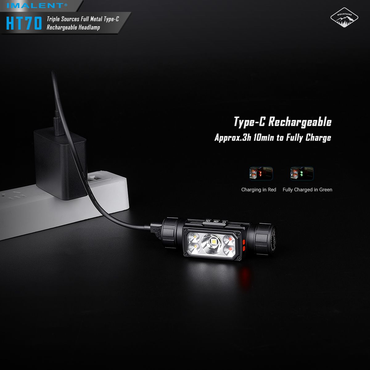 Fronteale IMALENT HT70 con tre sorgenti luminose, 3500 lumen, ricaricabile, design ergonomico per avventure all'aperto.