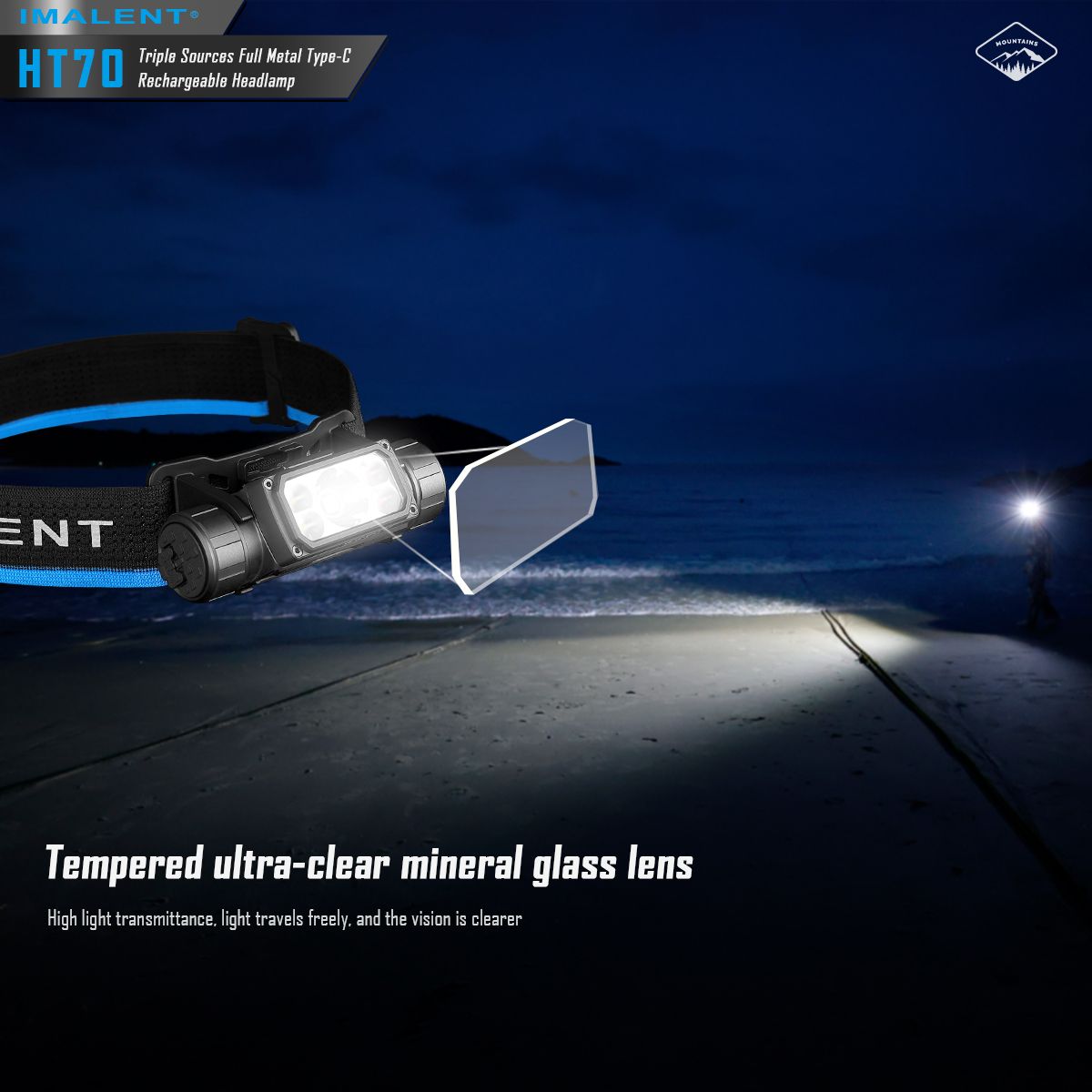 Fronteale IMALENT HT70 con tre sorgenti luminose, 3500 lumen, ricaricabile, design ergonomico per avventure all'aperto.