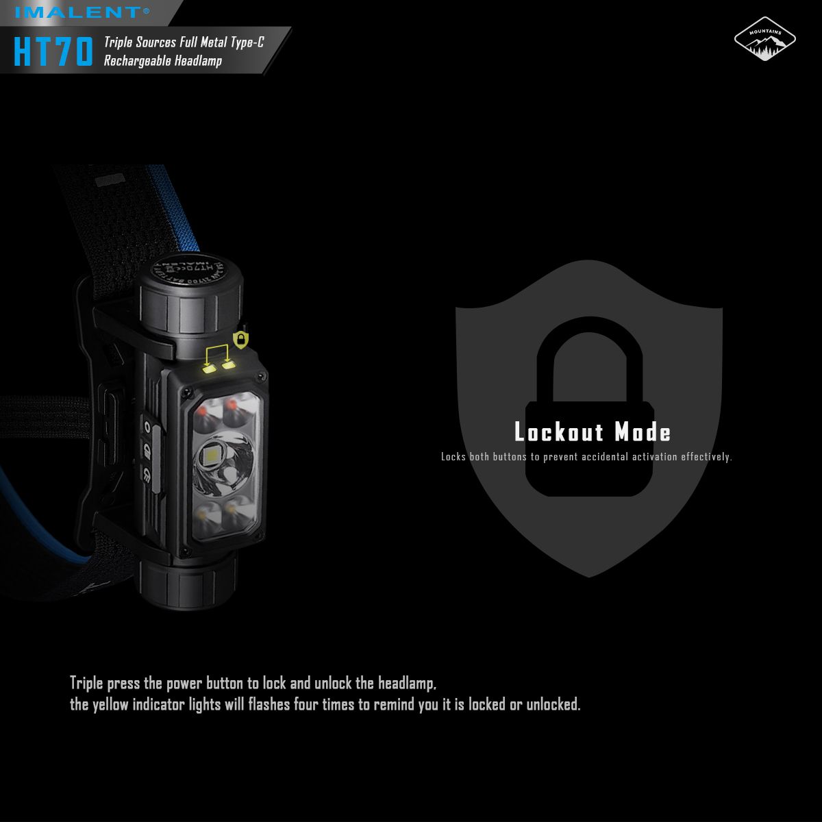 Fronteale IMALENT HT70 con tre sorgenti luminose, 3500 lumen, ricaricabile, design ergonomico per avventure all'aperto.