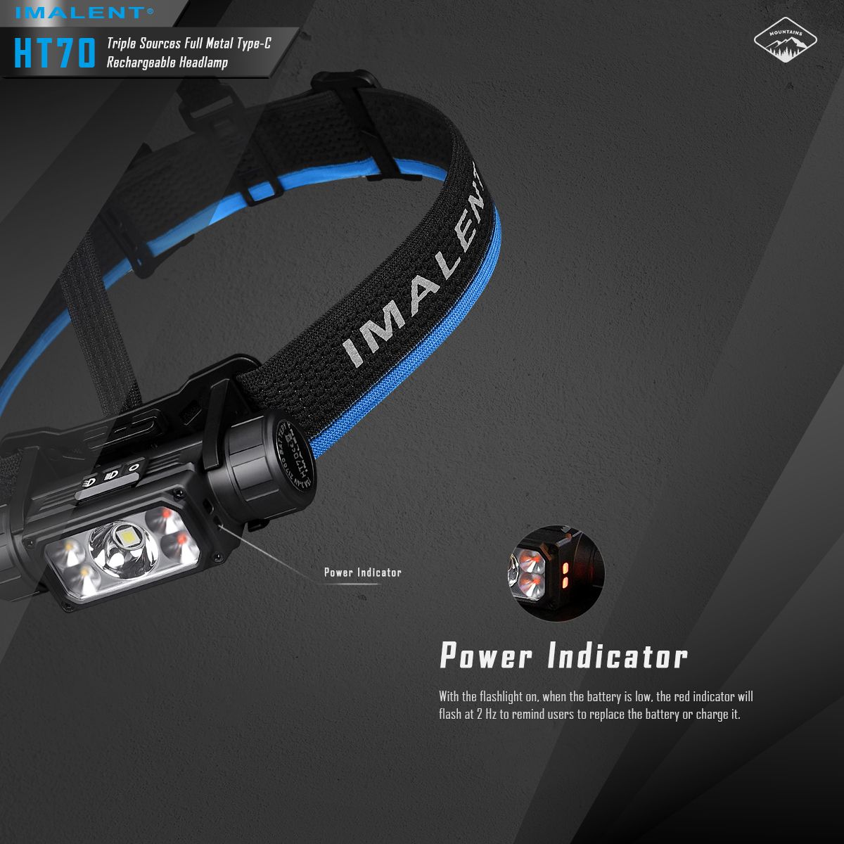 Fronteale IMALENT HT70 con tre sorgenti luminose, 3500 lumen, ricaricabile, design ergonomico per avventure all'aperto.
