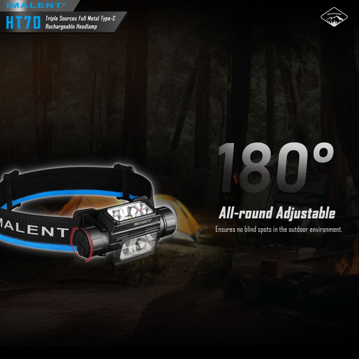 Fronteale IMALENT HT70 con tre sorgenti luminose, 3500 lumen, ricaricabile, design ergonomico per avventure all'aperto.